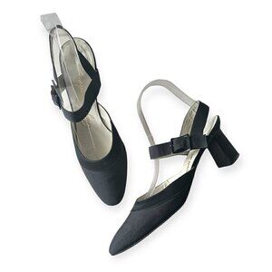 Vintage Roger Vivier Black Satin Sling Back Strap Pumps, Size 7 1/2AA